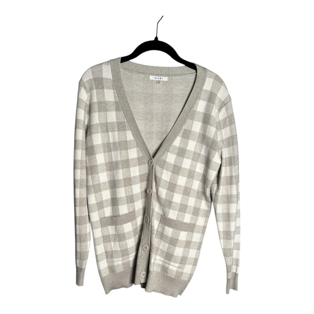 Sioni Gray White Checkered Button Front Long Sleeve Cardigan Sweater XS